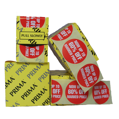 Roll Of 500 x "UP TO 60% OFF" Retail Price Stickers In Dispenser Box